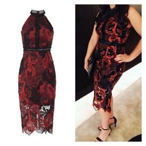 Alexia Admor Womens Lined Sleeveless Lace Midi Sheath Dress Burgundy Black Small